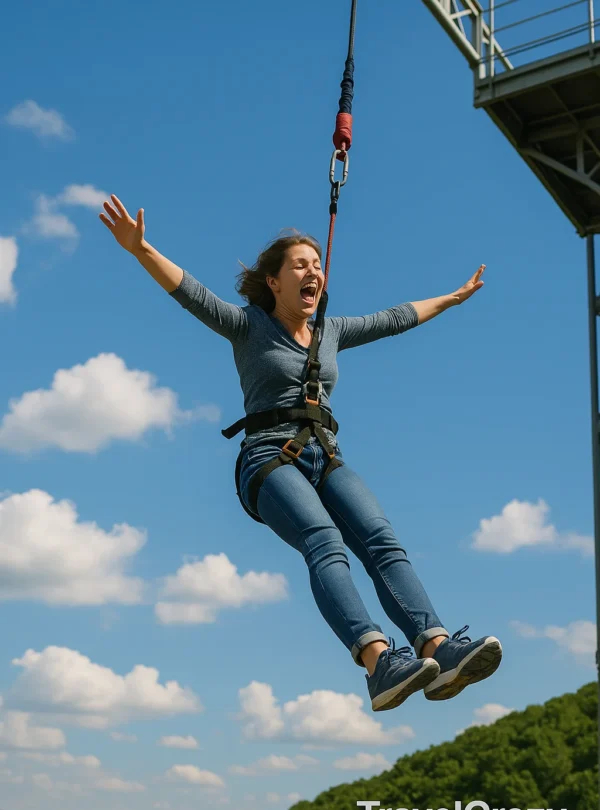 “Woman bungee jumping with arms wide open on a sunny day against a blue sky”