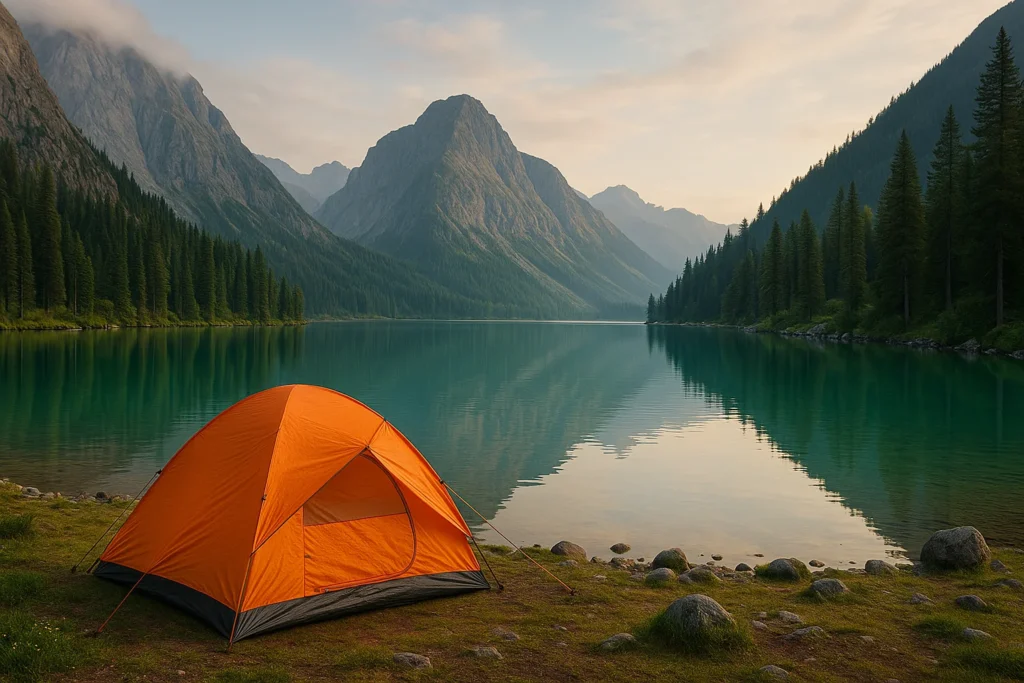 “Orange camping tent beside turquoise mountain lake with pine trees and tall peaks at sunriseHimachal Pradesh ”