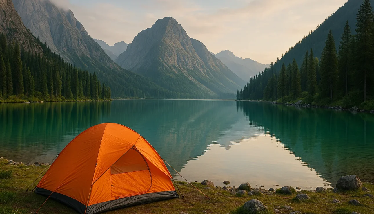“Orange camping tent beside turquoise mountain lake with pine trees and tall peaks at sunriseHimachal Pradesh ”