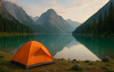 “Orange camping tent beside turquoise mountain lake with pine trees and tall peaks at sunriseHimachal Pradesh ”