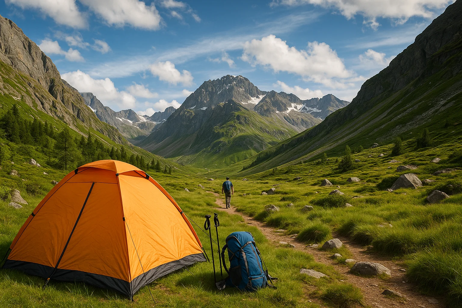 “Camping tent and trekking gear in a scenic mountain valley with a hiker walking toward snow-covered peaks under blue sky”
