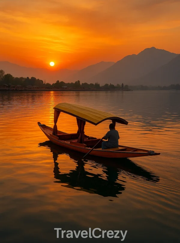 “Sunset view at Dal Lake with a shikara boat and mountains in the background in Kashmir”
