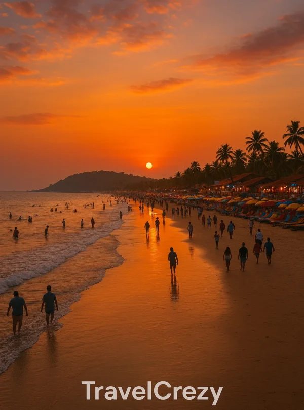 “Sunset at Goa beach with people walking along the shoreline and palm trees under an orange sky”