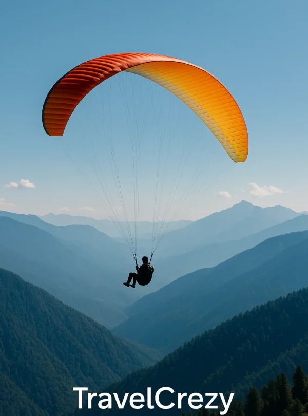 “Paragliding over Himalayan mountains with clear blue sky and layered peaks”