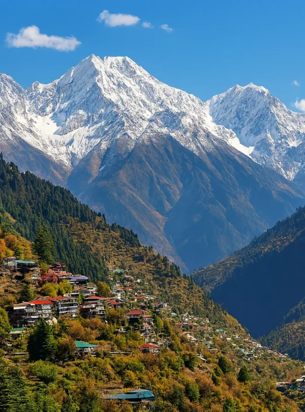 “Snow-covered Himalayan mountain peaks with a scenic valley and colorful hillside village in Himachal Pradesh”
