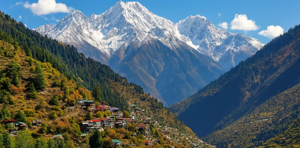 “Snow-covered Himalayan mountain peaks with a scenic valley and colorful hillside village in Himachal Pradesh”