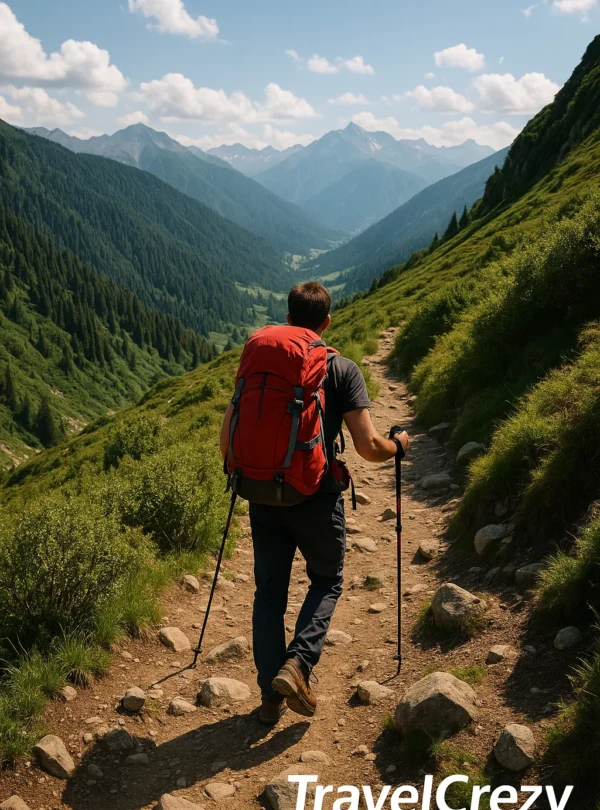“Man hiking on a mountain trail with a red backpack in a scenic green Himalayan valley”