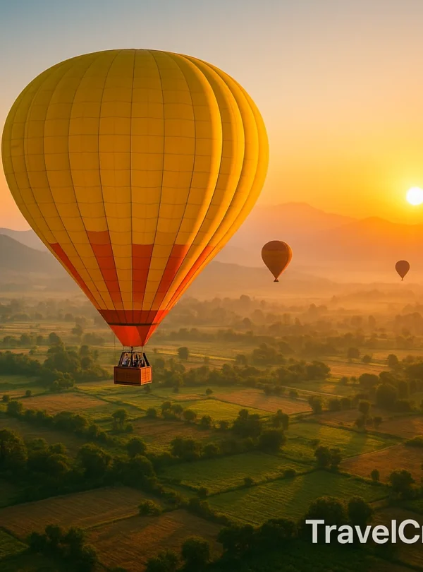 “Hot air balloon flying over green fields during sunrise with mountains in the background”