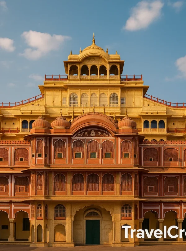 “Jaipur City Palace facade with traditional Rajasthani architecture under a clear blue sky”