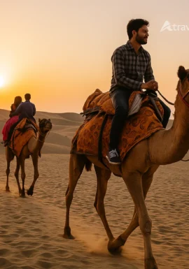 “People riding camels in the desert during sunset in Jaisalmer Rajasthan”