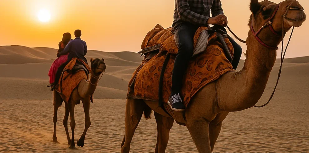 “People riding camels in the desert during sunset in Jaisalmer Rajasthan”