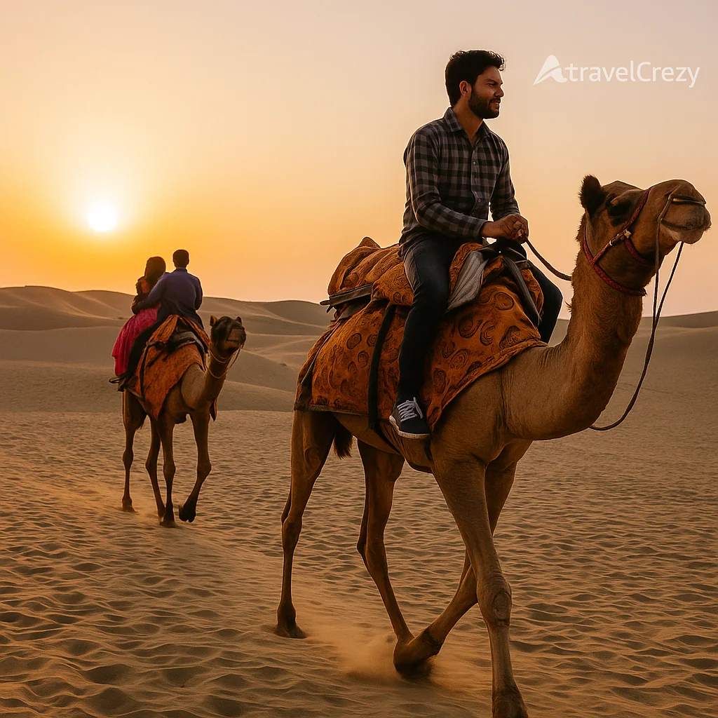 “People riding camels in the desert during sunset in Jaisalmer Rajasthan”