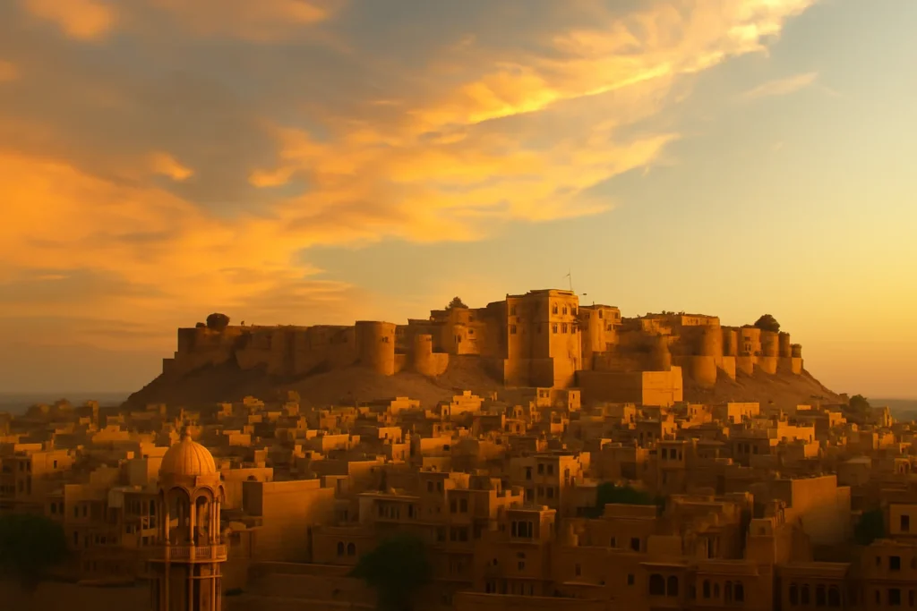 “Jaisalmer Fort at sunset with golden sandstone cityscape in Rajasthan, India”