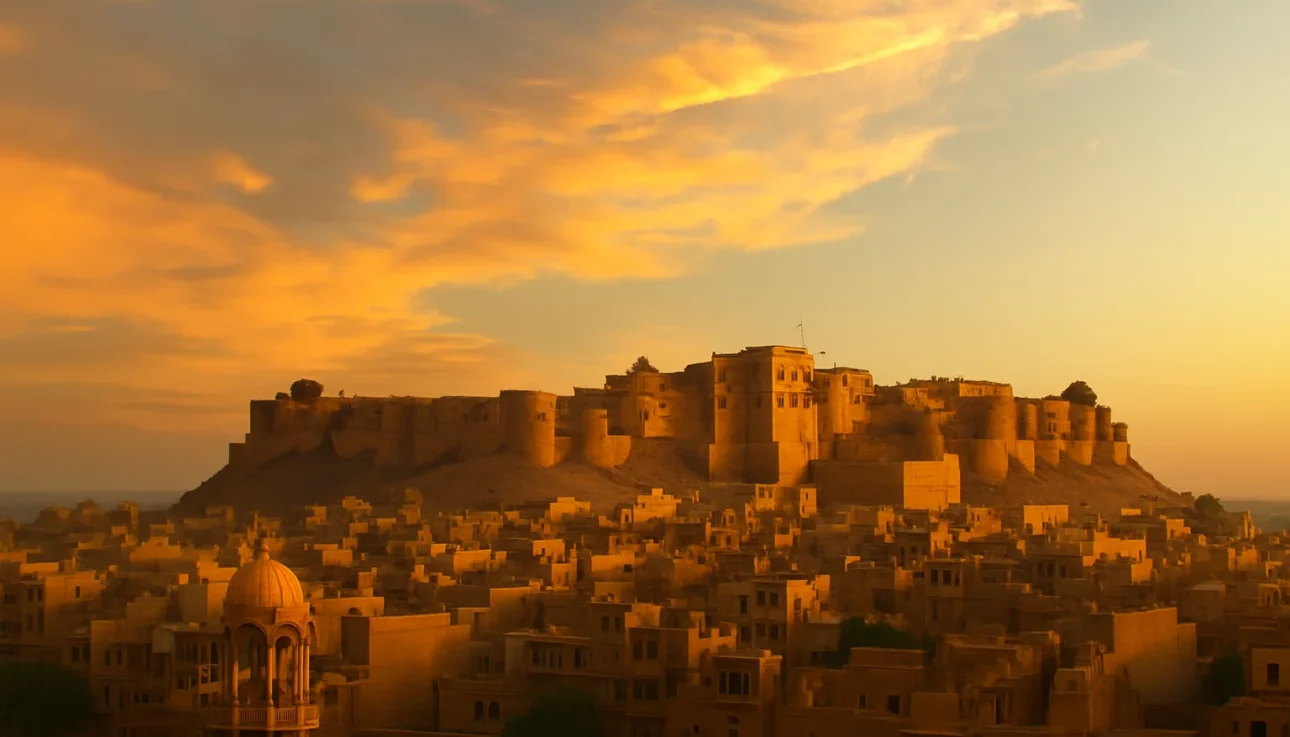 “Jaisalmer Fort at sunset with golden sandstone cityscape in Rajasthan, India”