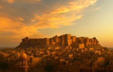 “Jaisalmer Fort at sunset with golden sandstone cityscape in Rajasthan, India”