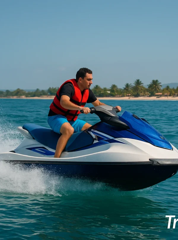 “Man riding a jet ski on turquoise ocean water near a tropical palm beach”