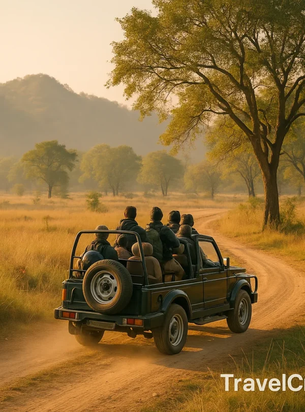 “Jeep safari in a wildlife reserve with tourists exploring a golden grassland forest during sunrise”