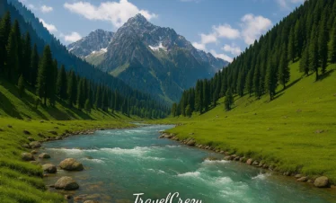 “Beautiful Kashmir valley with turquoise river flowing through pine forests and snow-covered mountains”