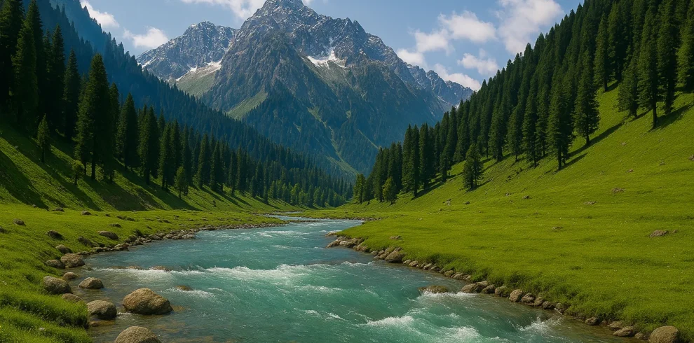 “Beautiful Kashmir valley with turquoise river flowing through pine forests and snow-covered mountains”