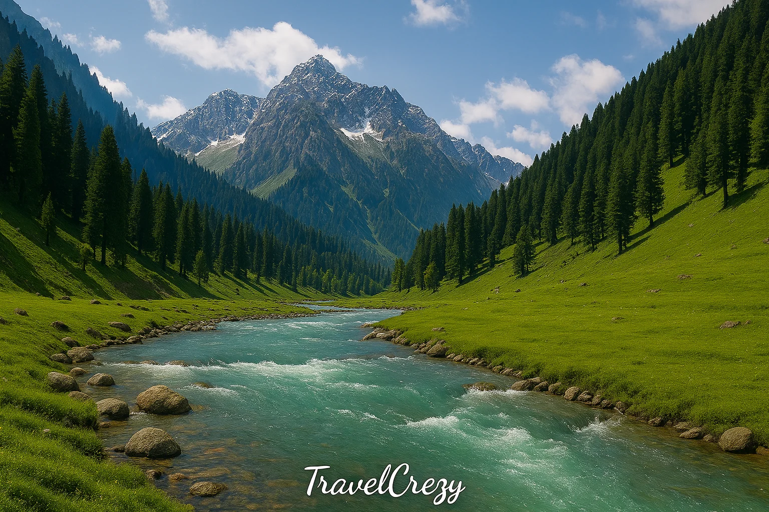 “Beautiful Kashmir valley with turquoise river flowing through pine forests and snow-covered mountains”