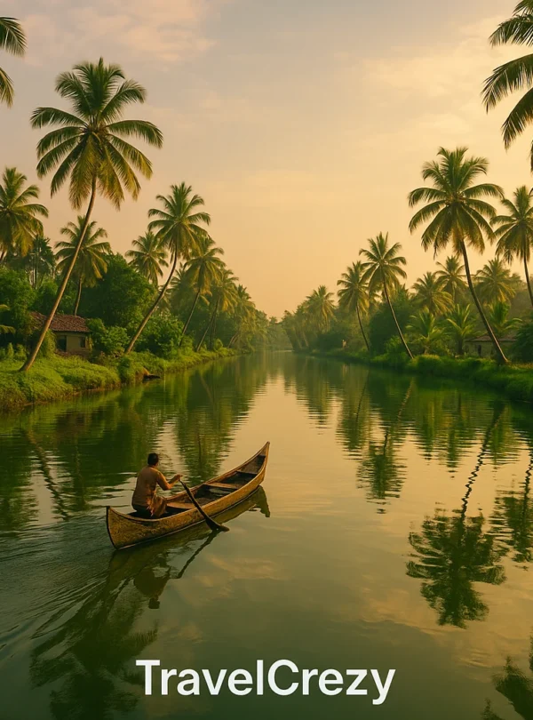 “Kerala backwaters with a man rowing a canoe surrounded by lush green palm trees at sunrise”