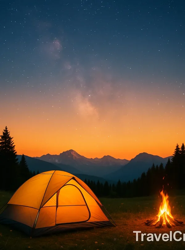 “Camping tent and campfire under a starry night sky with mountains in the background”