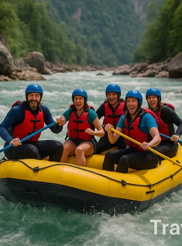 “Group of people river rafting on turquoise water wearing helmets and life jackets”
