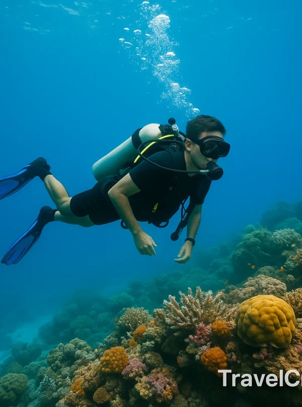 “Scuba diver exploring colorful coral reefs underwater in clear blue ocean”