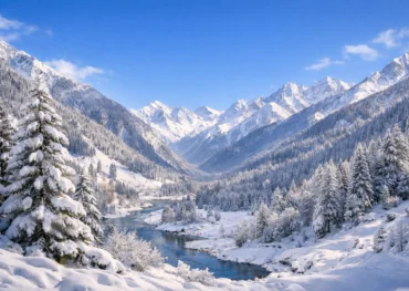 Snow covered mountain valley with river and pine trees during winter under blue sky