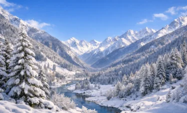 Snow covered mountain valley with river and pine trees during winter under blue sky