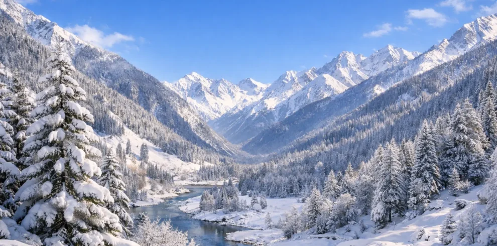 Snow covered mountain valley with river and pine trees during winter under blue sky