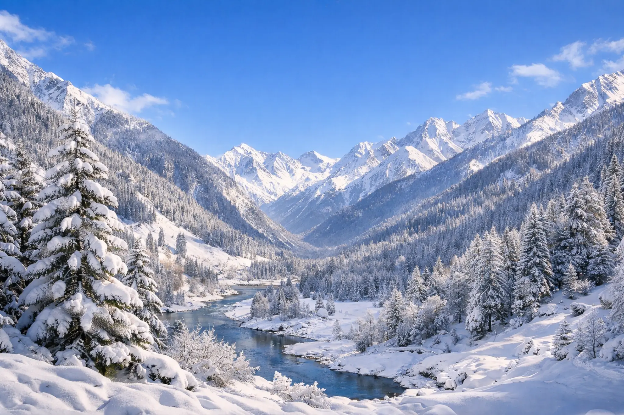 Snow covered mountain valley with river and pine trees during winter under blue sky