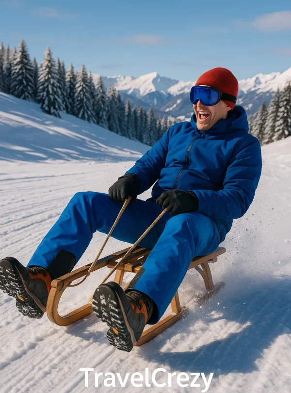 “Man enjoying snow sledding down a snowy mountain slope wearing winter gear and goggles”
