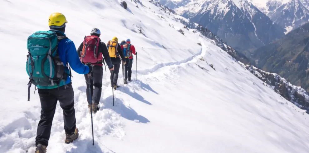 Snow trekking adventure in the Himalayas with a group of travelers hiking on a snowy mountain trail under clear blue sky