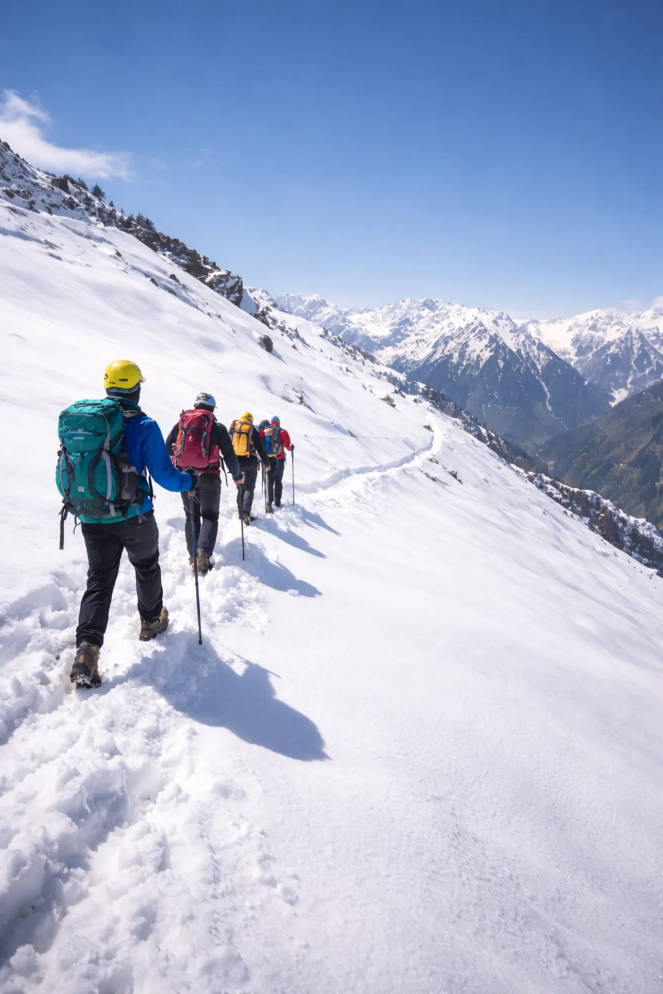 Snow trekking adventure in the Himalayas with a group of travelers hiking on a snowy mountain trail under clear blue sky