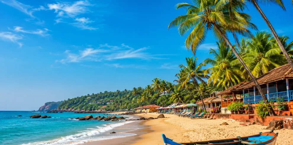 Beautiful Goa beach with palm trees, fishing boat, golden sand, beach shacks and clear blue sea under a sunny sky