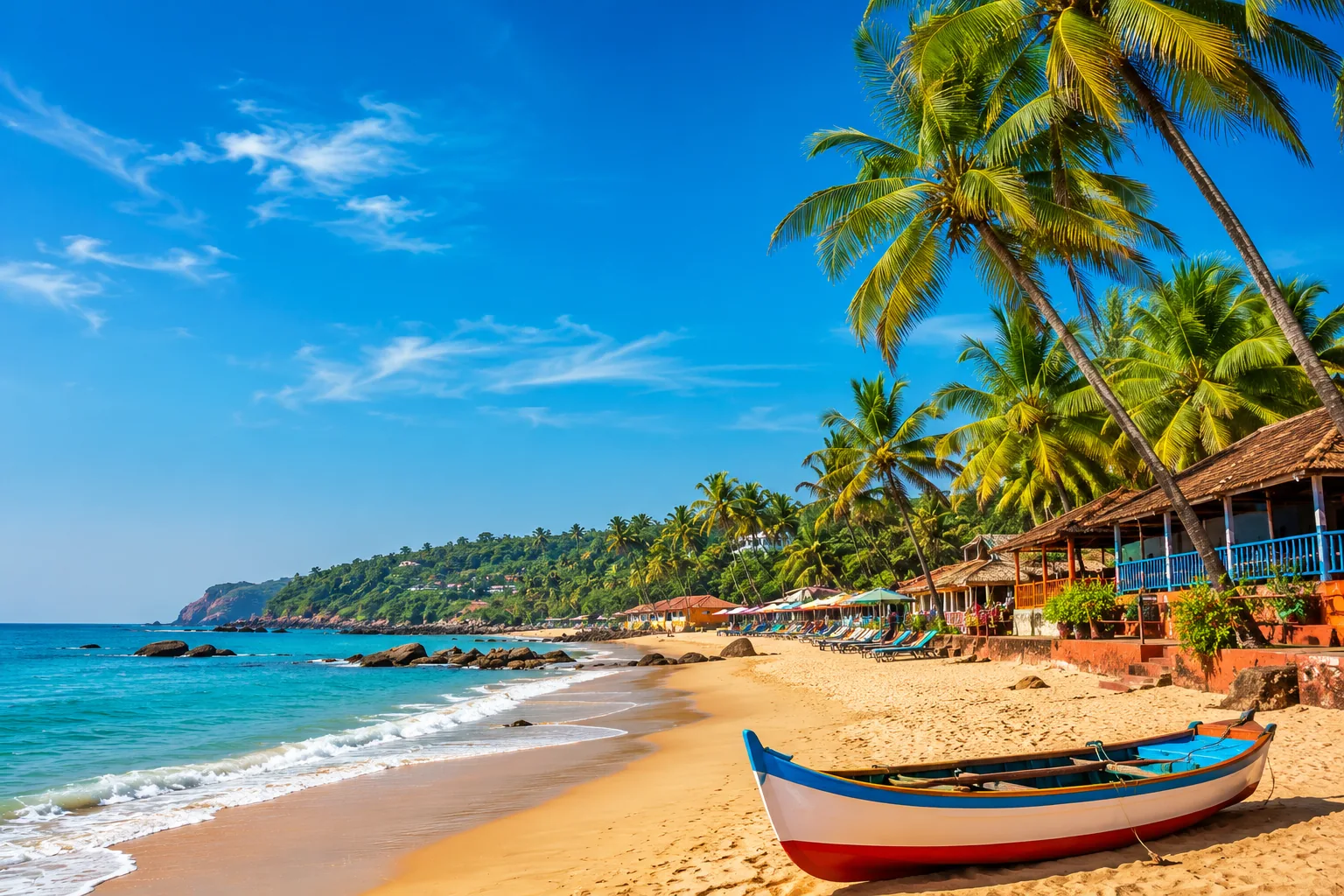 Beautiful Goa beach with palm trees, fishing boat, golden sand, beach shacks and clear blue sea under a sunny sky