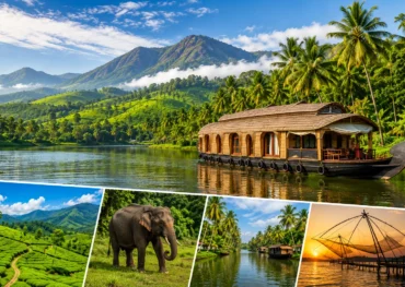 Traditional Kerala houseboat cruising through Alleppey backwaters with tea gardens, elephant safari and Chinese fishing nets