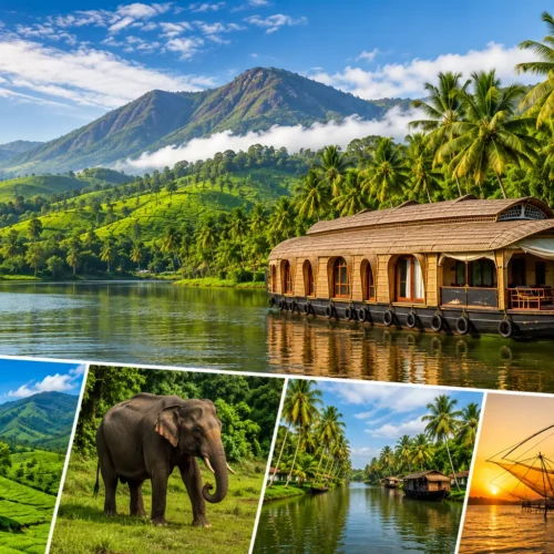 Traditional Kerala houseboat cruising through Alleppey backwaters with tea gardens, elephant safari and Chinese fishing nets
