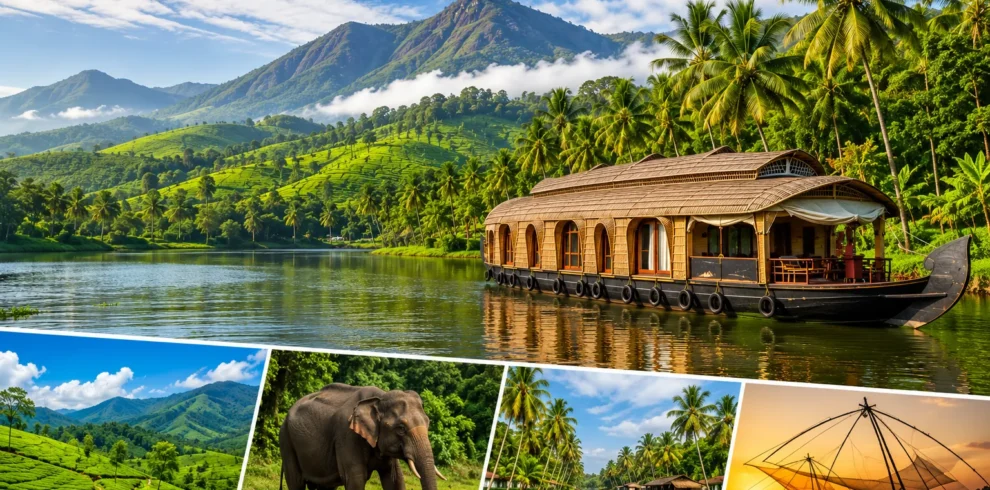 Traditional Kerala houseboat cruising through Alleppey backwaters with tea gardens, elephant safari and Chinese fishing nets