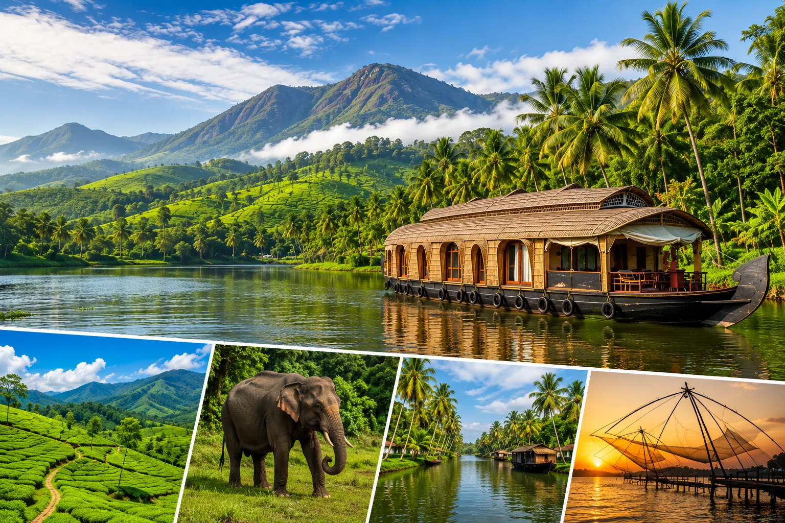 Traditional Kerala houseboat cruising through Alleppey backwaters with tea gardens, elephant safari and Chinese fishing nets