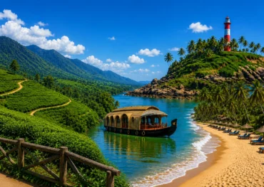 Scenic Kerala and Goa travel collage featuring tea plantations, luxury houseboat, tropical beach, lighthouse, palm trees and blue coastline.