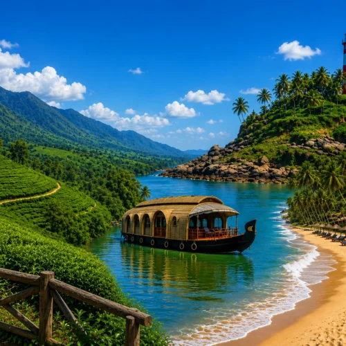 Scenic Kerala and Goa travel collage featuring tea plantations, luxury houseboat, tropical beach, lighthouse, palm trees and blue coastline.