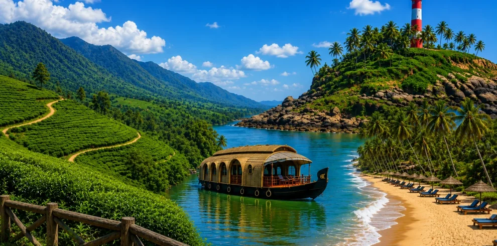 Scenic Kerala and Goa travel collage featuring tea plantations, luxury houseboat, tropical beach, lighthouse, palm trees and blue coastline.