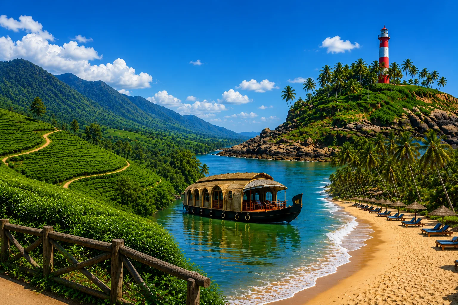 Scenic Kerala and Goa travel collage featuring tea plantations, luxury houseboat, tropical beach, lighthouse, palm trees and blue coastline.